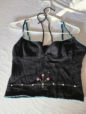 No Boundaries Black Cami with Pink Floral Embroidery and Turquoise Trim
